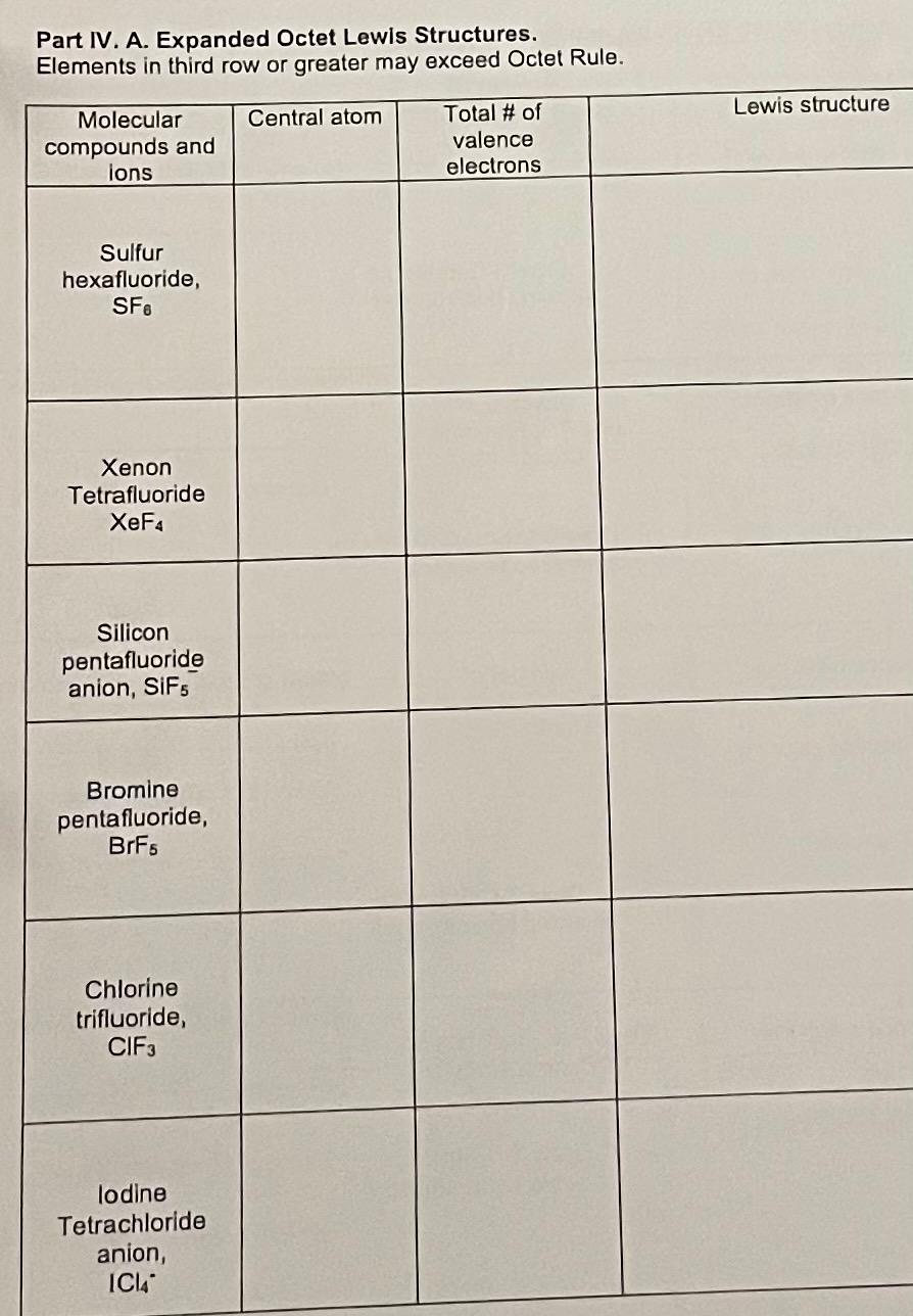 Solved Part IV. A. Expanded Octet Lewis Structures. Elements | Chegg.com