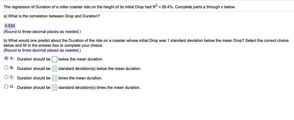 Solved The regression of Duration of a roller coaster ride | Chegg.com