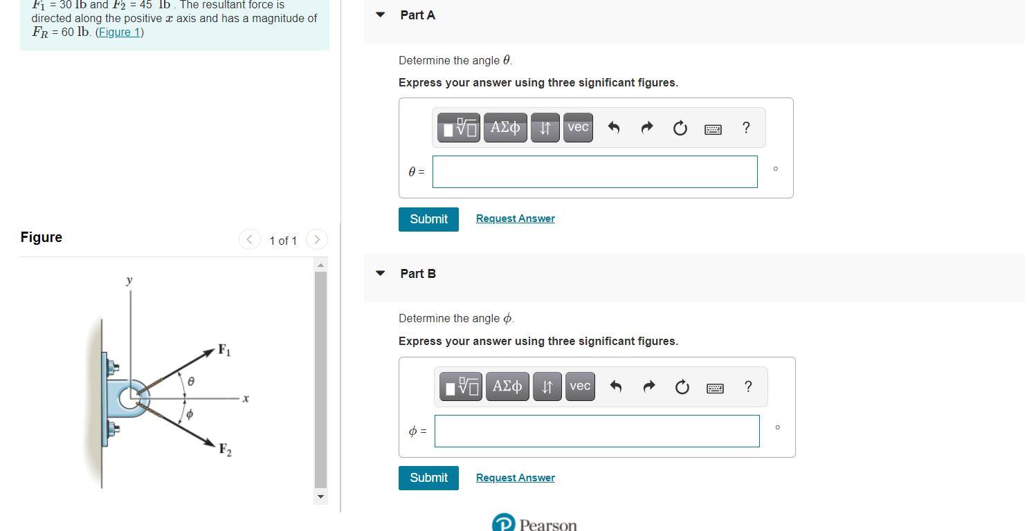 Solved Fi = 30 lb and F2 = 45 lb. The resultant force is | Chegg.com