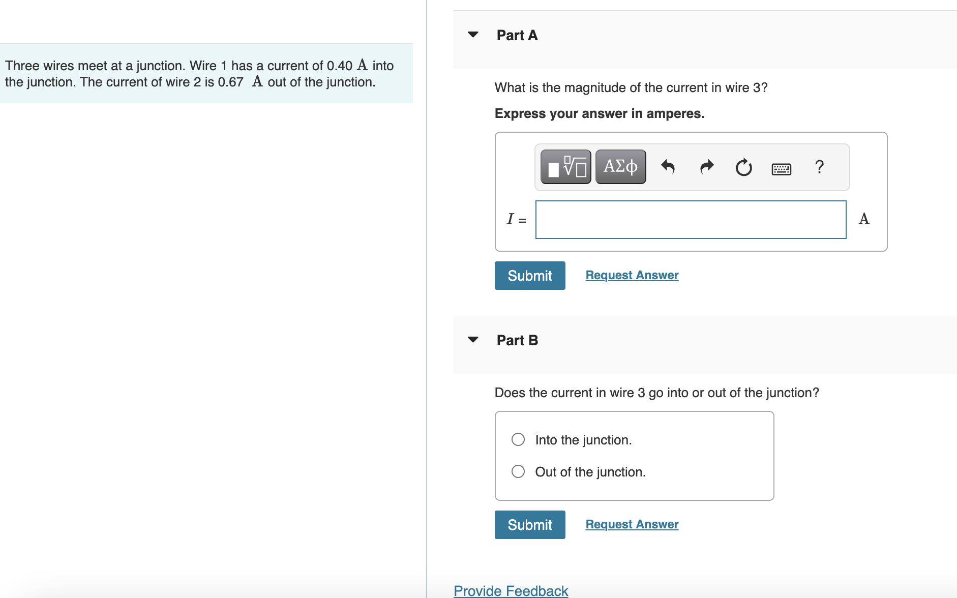 Solved Three wires meet at a junction. Wire 1 has a current