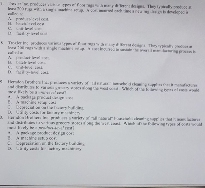 Solved Troxler Inc. produces various types of floor rugs