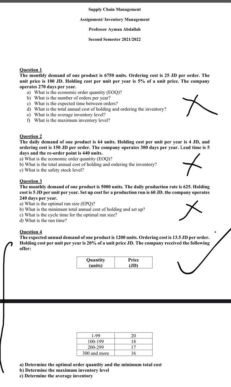 Solved Supply Chain Management Assignment/ Inventory | Chegg.com