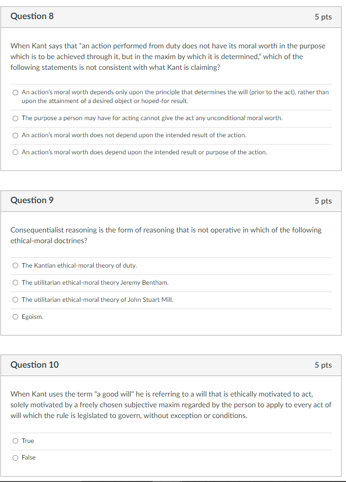 Solved Question 8 5 pts When Kant says that "an action | Chegg.com