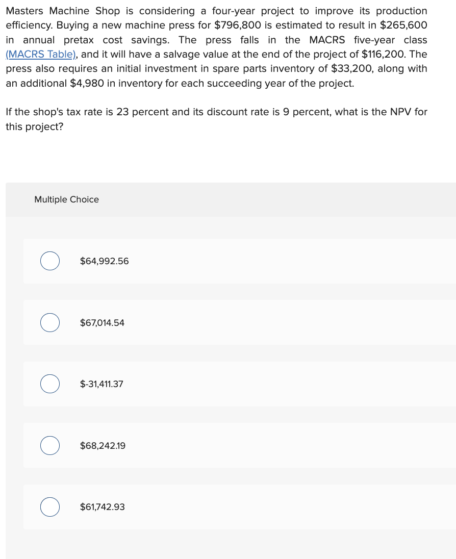 Solved Masters Machine Shop is considering a four-year | Chegg.com