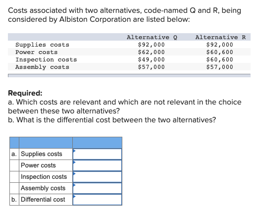 Solved being Costs associated with two alternatives, | Chegg.com