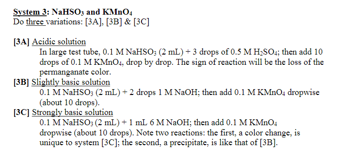 Solved System 3: NaHSO3 and KMnO4 Do three variations: [3 | Chegg.com