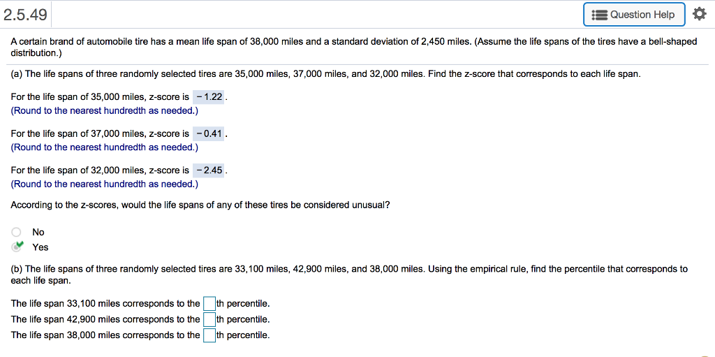 Solved 2 5 49 Question Help Mean Life Span Of 38 000 Miles Chegg