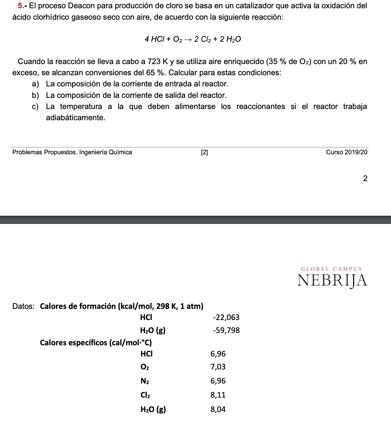 5.- El proceso Deacon para producción de cloro se basa en un catalizador que activa la oxidación del ácido clorhídrico gaseos