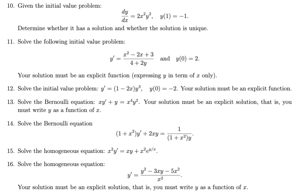 Solved 10. Given the initial value problem: ay = 2xʻy?, y(1) | Chegg.com