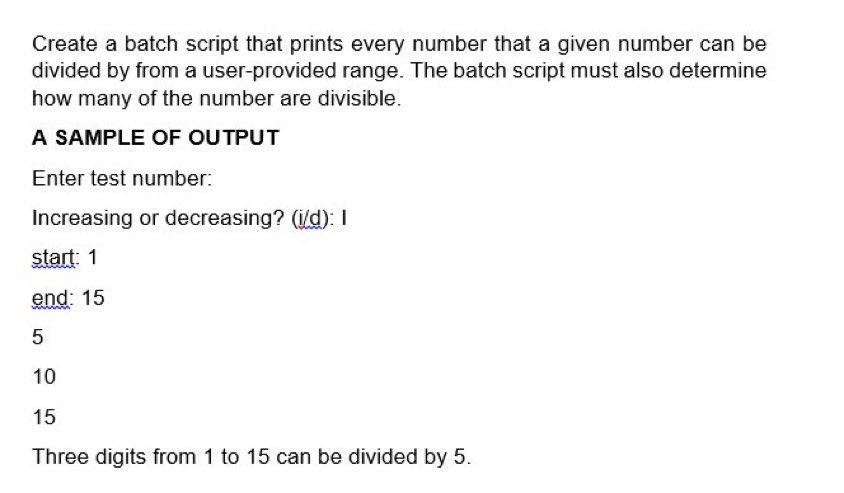 Solved Create a batch script that prints every number that a | Chegg.com