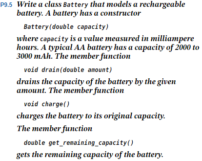 Solved P9.5 Write a class Battery that models a rechargeable | Chegg.com