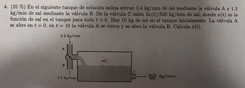 4. (25\%) En el siguiente tanque de solución salina entran \( 2.4 \mathrm{~kg} / \mathrm{min} \) de sal mediante la válvula A