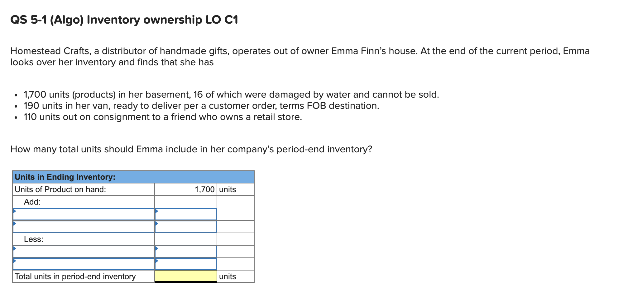 Solved QS 51 (Algo) Inventory ownership LO C1 Homestead