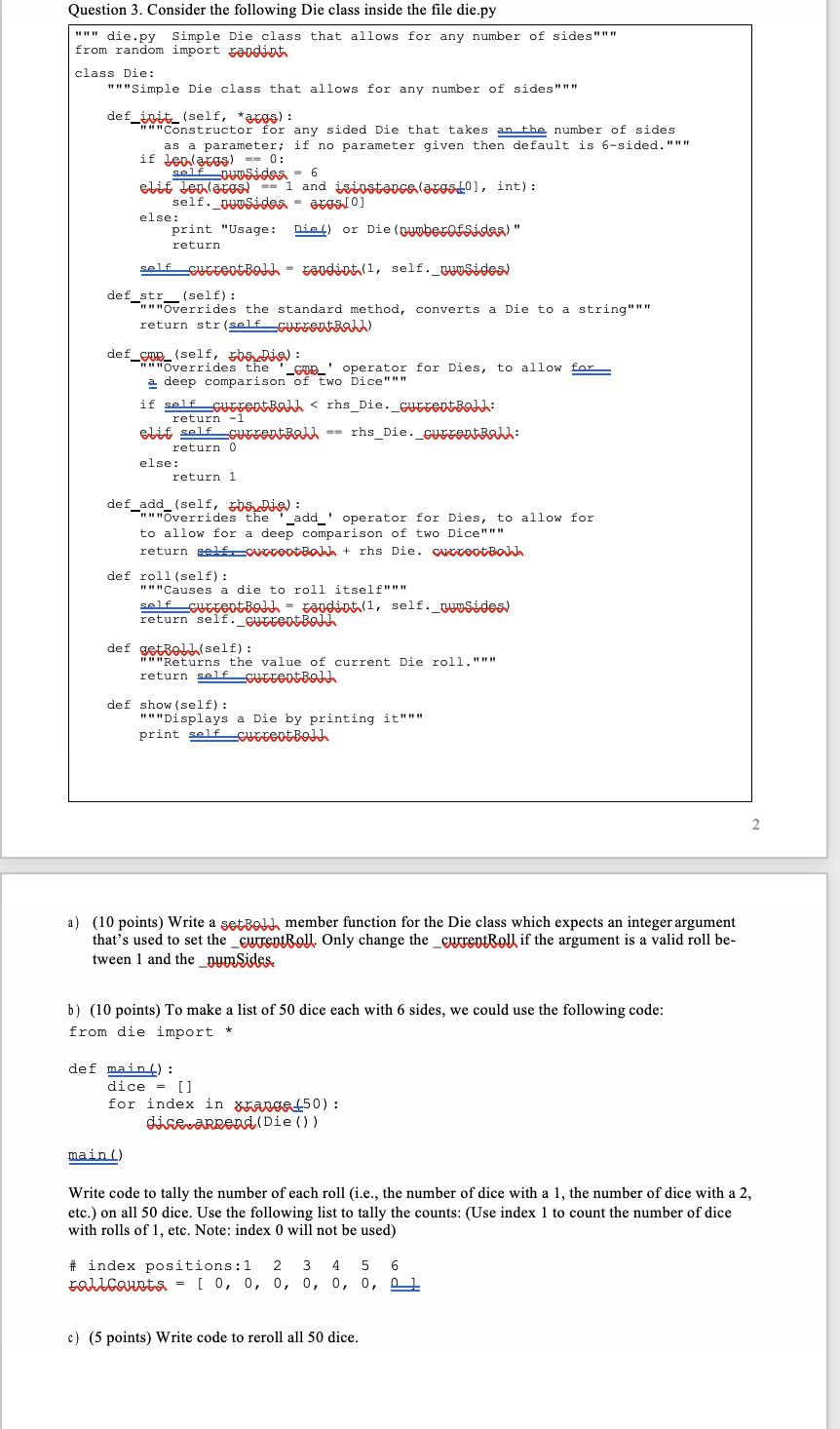 Solved Question 3. Consider the following Die class inside | Chegg.com