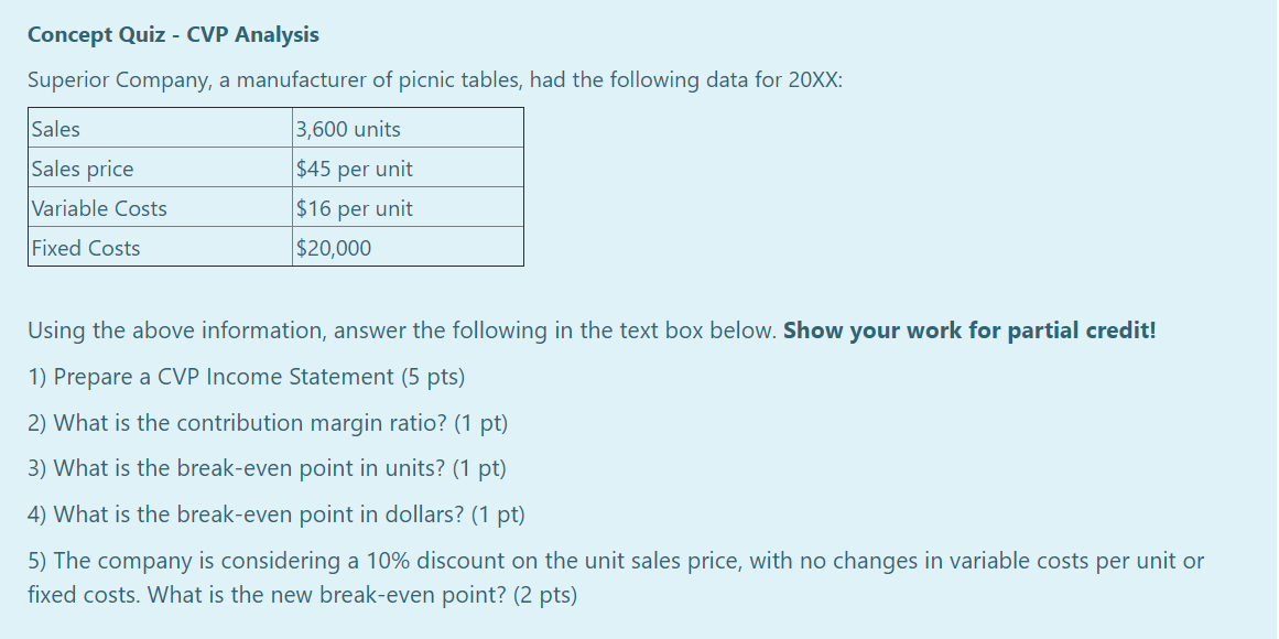 Solved Concept Quiz - CVP Analysis Superior Company, a | Chegg.com