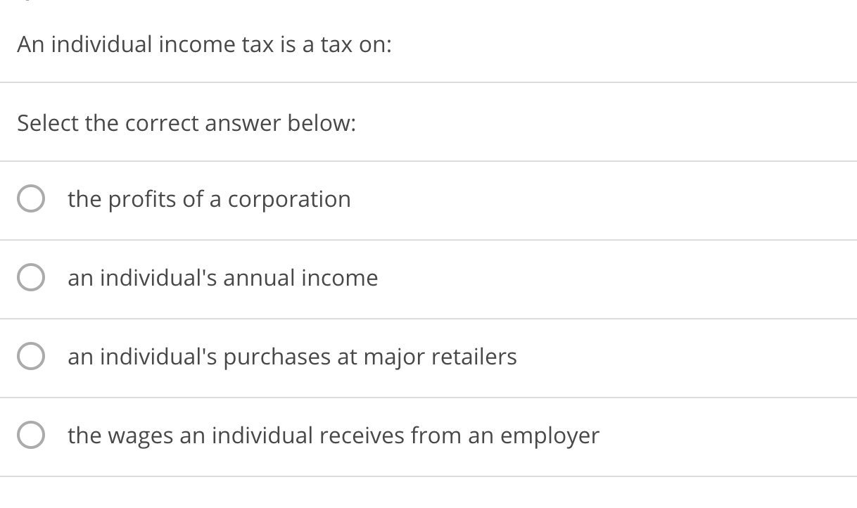 Solved An Individual Income Tax Is A Tax On Select The Chegg Solved An Individual Income Tax Is A Tax On Select The Chegg