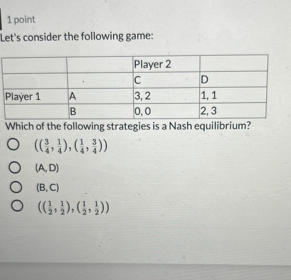 Solved 1 point Let's consider the following game: Player 2 C | Chegg.com