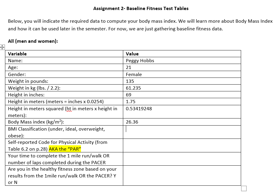 Assignment 2- Baseline Fitness Test Tables Below, you | Chegg.com