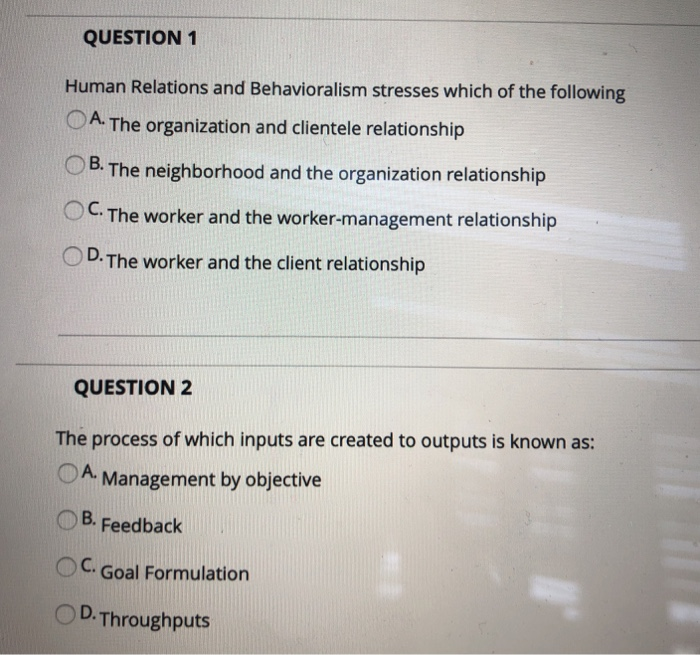 Solved QUESTION 1 Human Relations And Behavioralism Stresses | Chegg.com