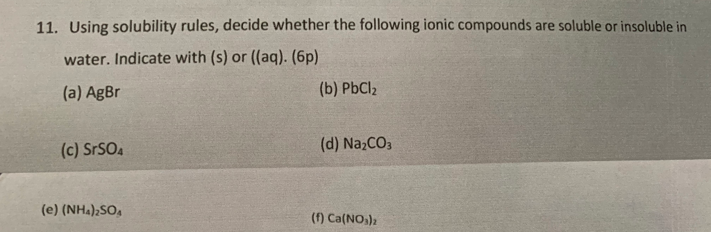 Solved 11. Using solubility rules, decide whether the | Chegg.com