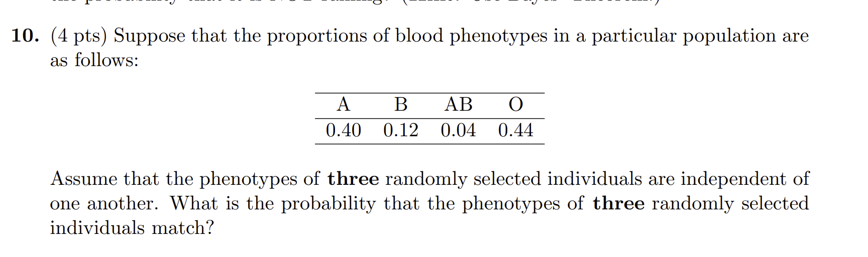 Solved (4 pts) Suppose that the proportions of blood | Chegg.com