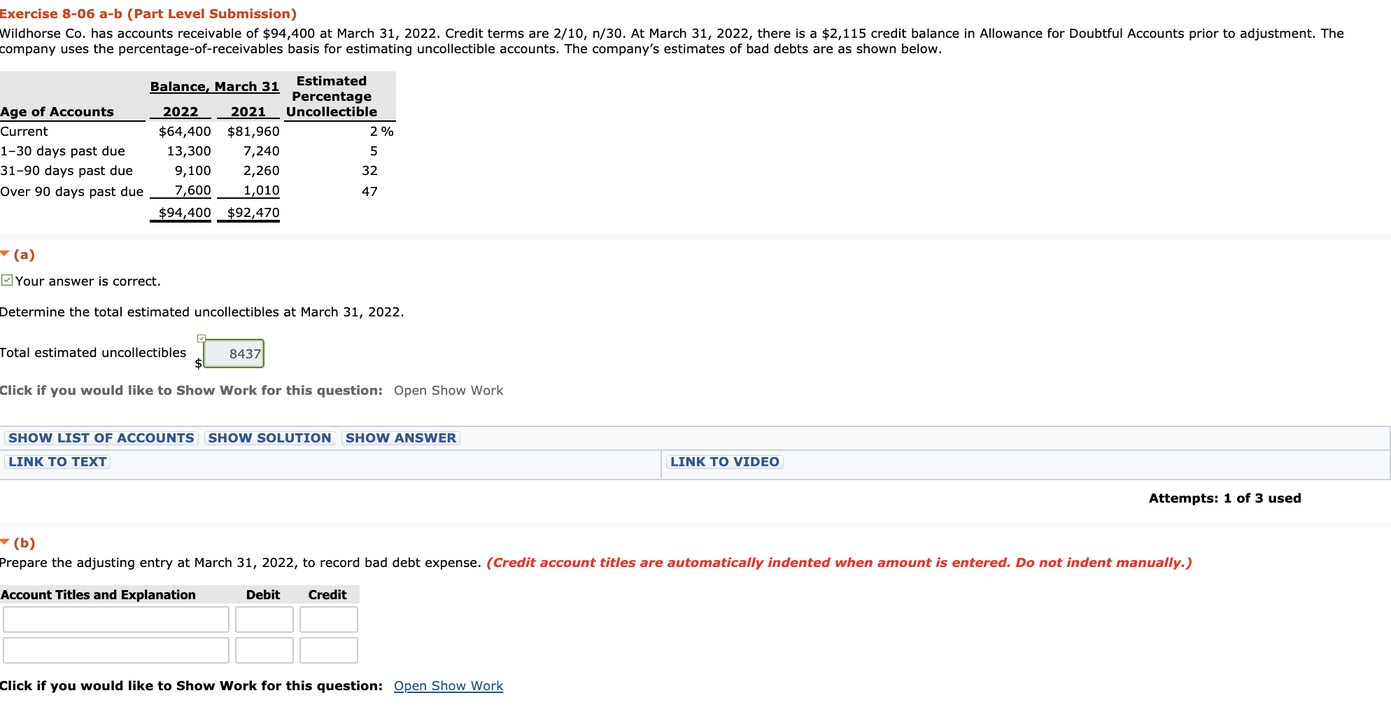 Solved Exercise 8-06 a-b (Part Level Submission) Wildhorse | Chegg.com