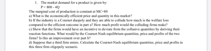 Solved 1. The market demand for a product is given by: P- | Chegg.com