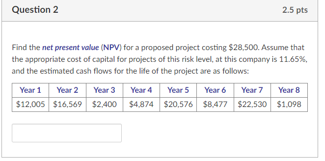 Solved Question 2 2.5 pts Find the net present value (NPV) | Chegg.com