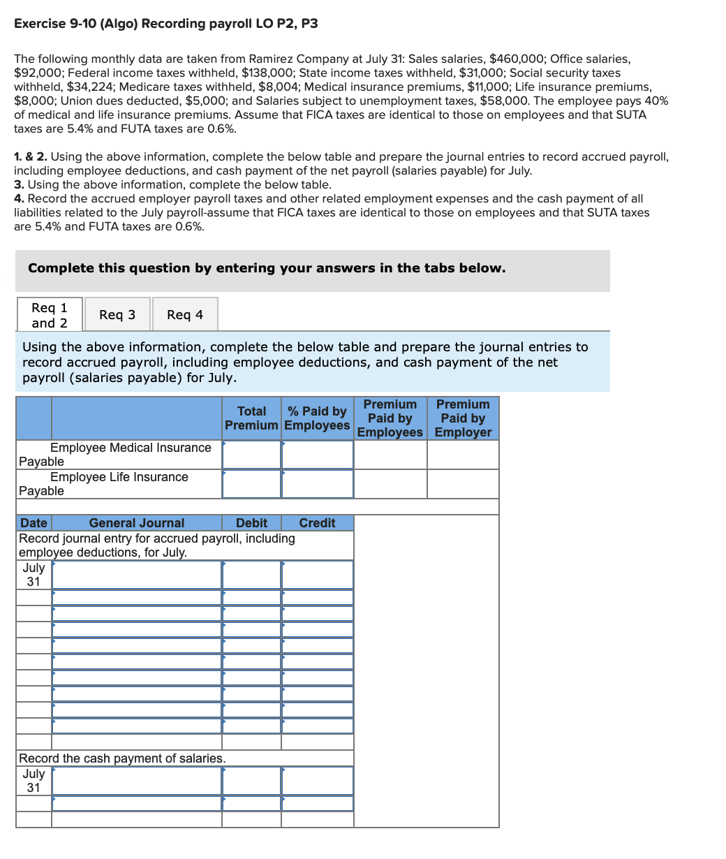 Solved Exercise 9-10 (Algo) Recording payroll LO P2, P3 The | Chegg.com