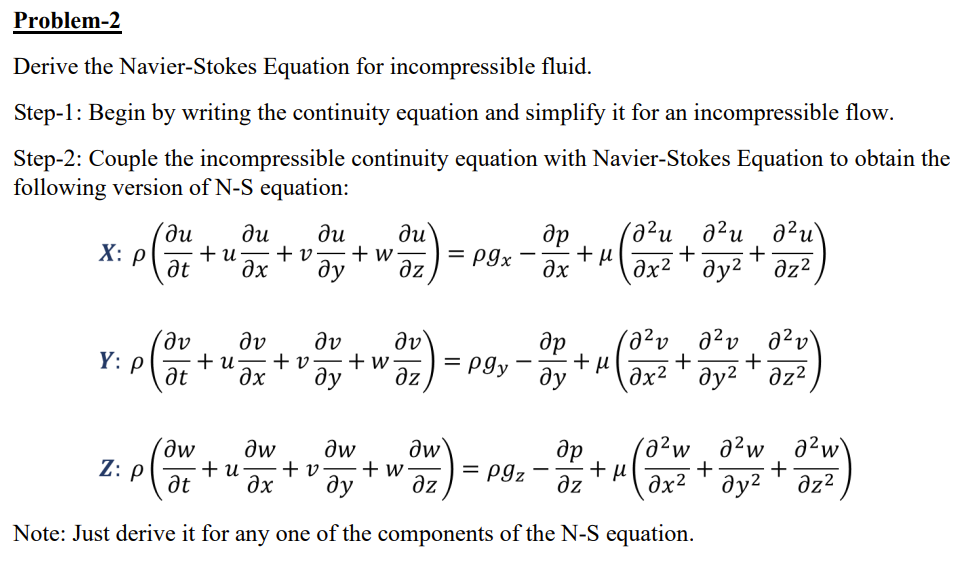 Derive The Navier-Stokes Equation For Incompressible | Chegg.com