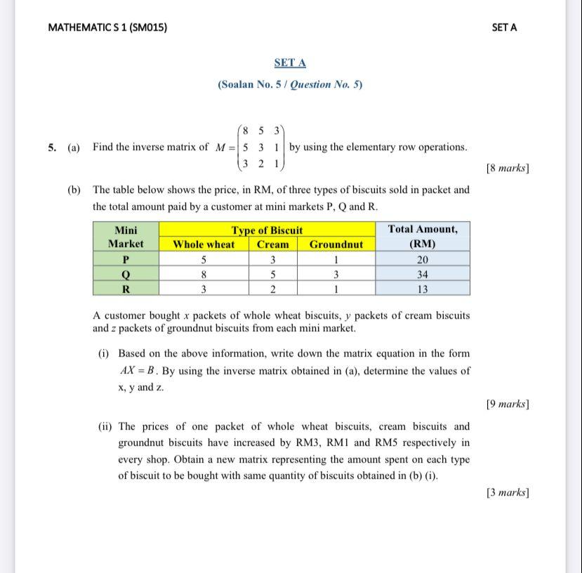 Solved MATHEMATIC S 1 (SM015) SET A SET A (Soalan No. 5/ | Chegg.com
