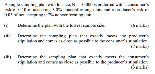 Solved A single sampling plan with lot size, N=10,000 is | Chegg.com