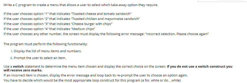 Solved Write a C program to create a menu that allows a user | Chegg.com