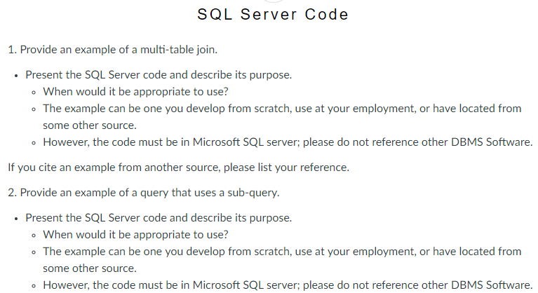Solved SQL Server Code 1. Provide an example of a | Chegg.com