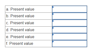 \begin{tabular}{|l|}
\hline a. Present value \\
\hline b. Present value \\
\hline c. Present value \\
\hline d. Present value