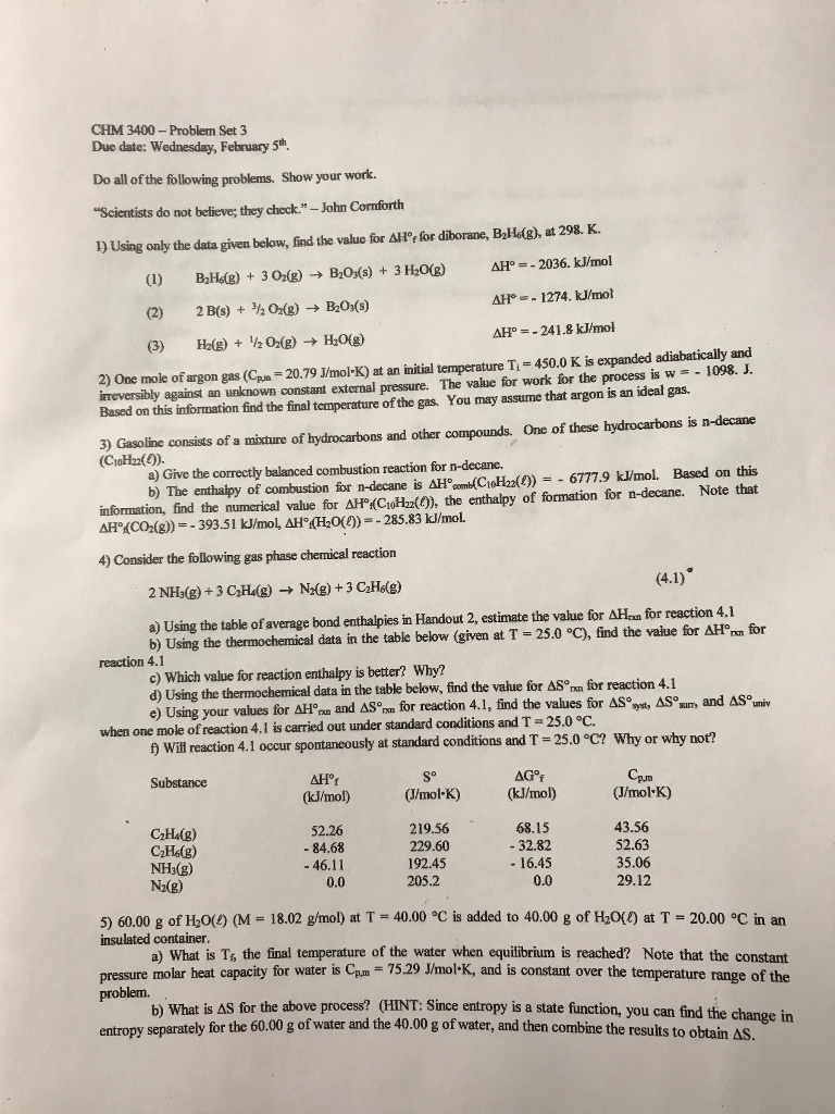 Solved CHM 3400 - Problem Set 3 Due date: Wednesday, | Chegg.com