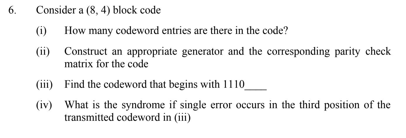 Solved 6. Consider a (8,4) block code (i) How many codeword | Chegg.com