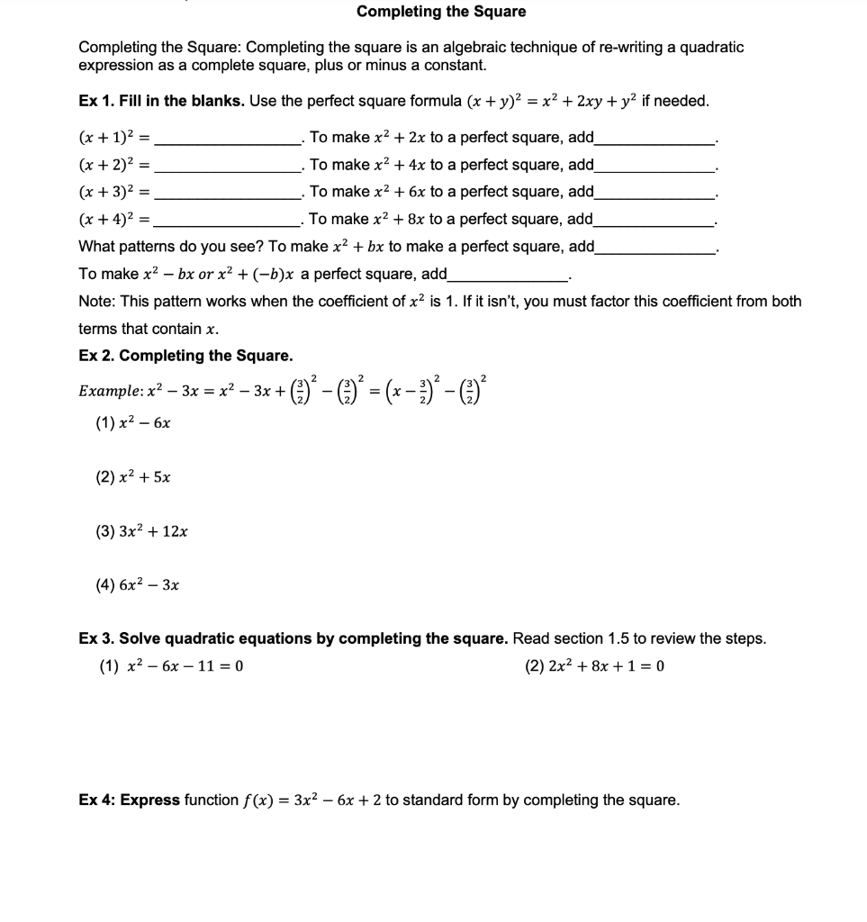 Solved Completing the Square: Completing the square is an | Chegg.com