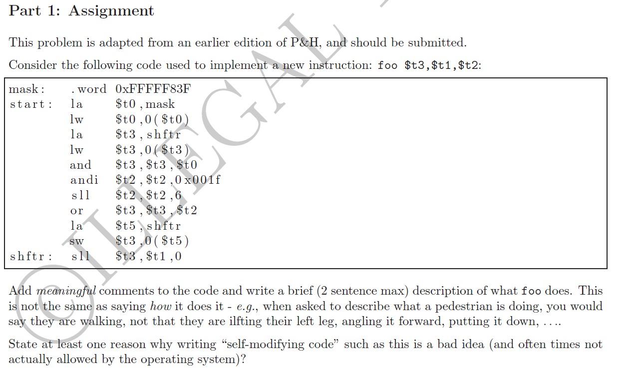 Part 1: Assignment This problem is adapted from an | Chegg.com