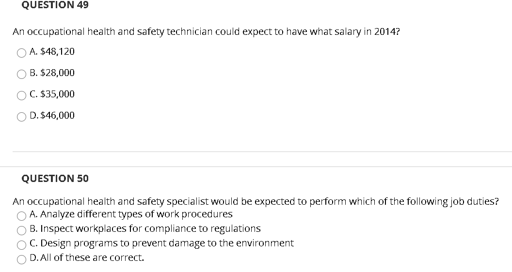 Solved QUESTION 49 An occupational health and safety