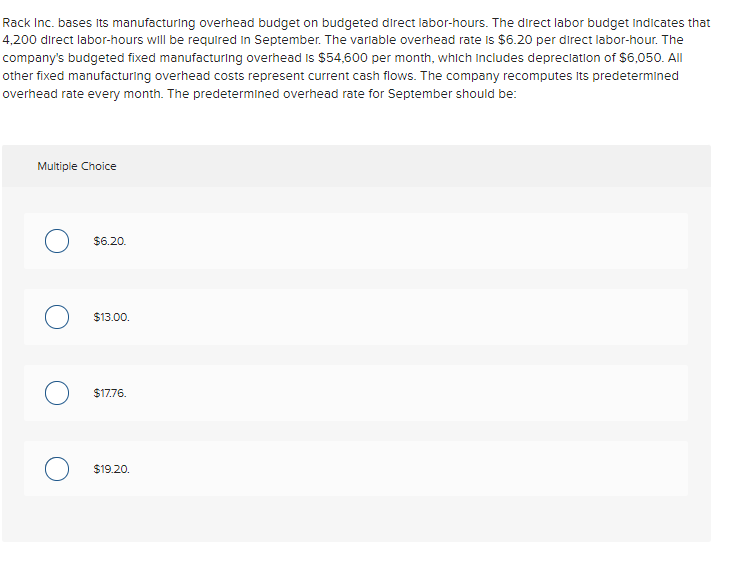 Solved Rack Inc. bases Its manufacturing overhead budget on | Chegg.com