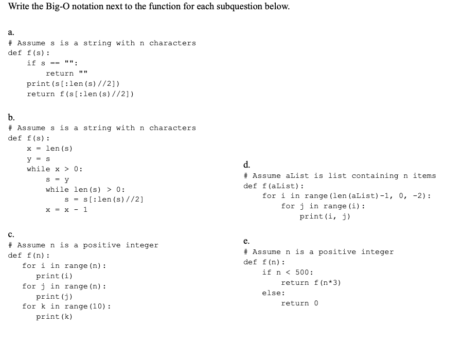 Solved Write the Big-O notation next to the function for | Chegg.com