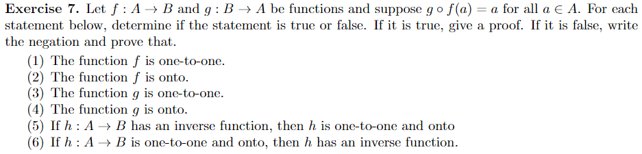 Solved Exercise 7. Let F: A + B And G:B + A Be Functions And | Chegg.com