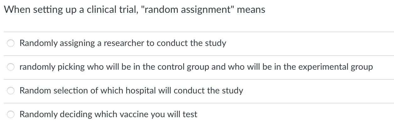 When setting up a clinical trial, random assignment means
Randomly assigning a researcher to conduct the study randomly pic