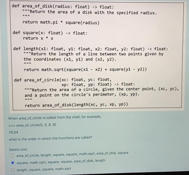 Solved def area_of_disk(radius: float) -> float: