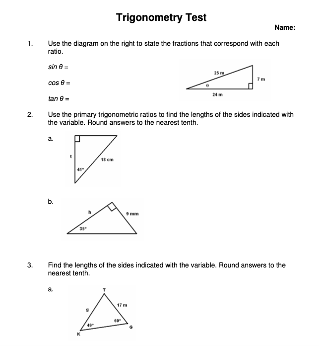 Solved Trigonometry Test Name 1. Use the diagram on the