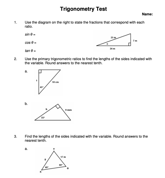 Solved Trigonometry Test Name: 1. Use the diagram on the | Chegg.com