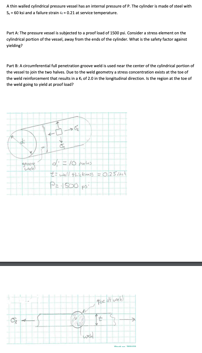 Solved A thin walled cylindrical pressure vessel has an | Chegg.com
