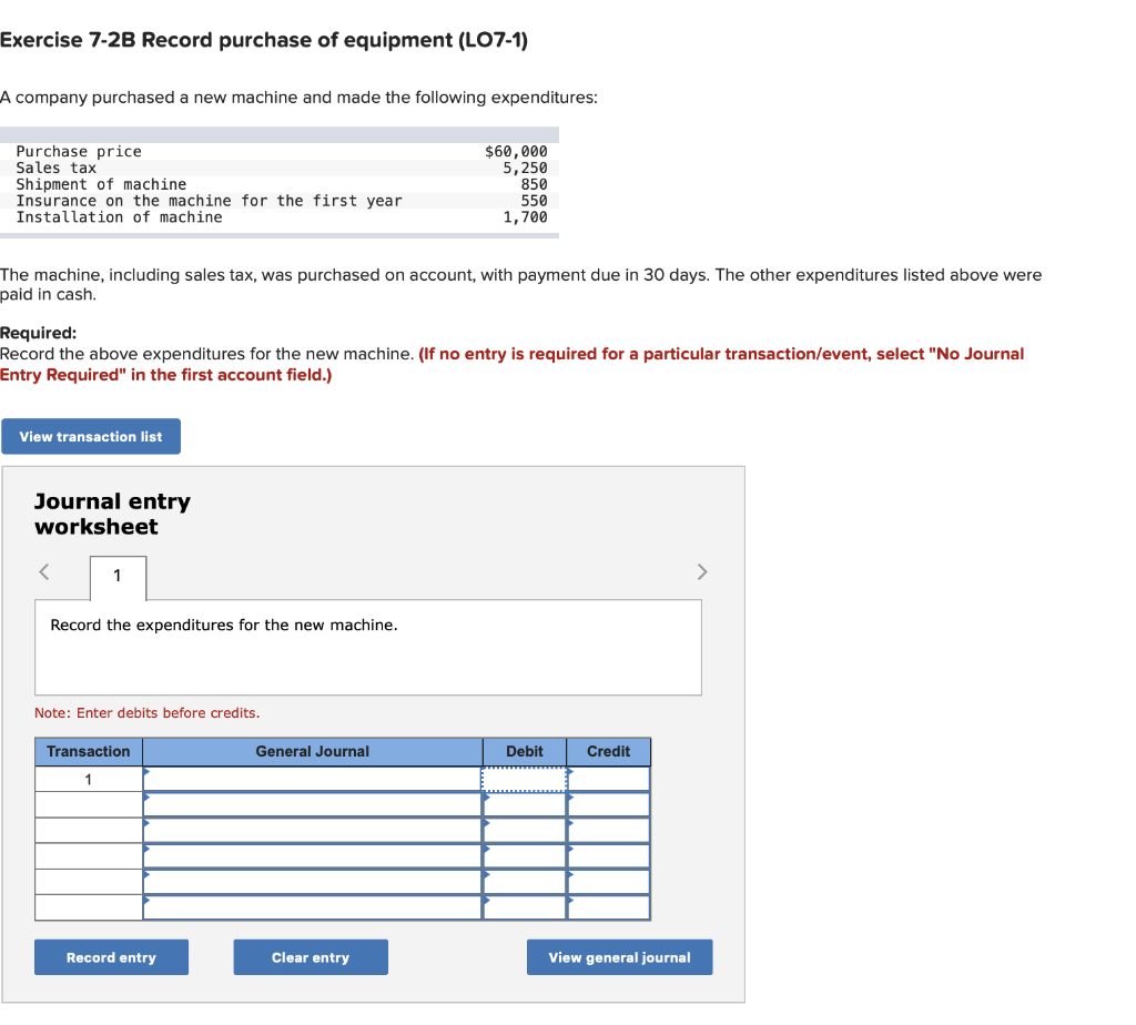 Solved Exercise 72B Record purchase of equipment (LO71) A