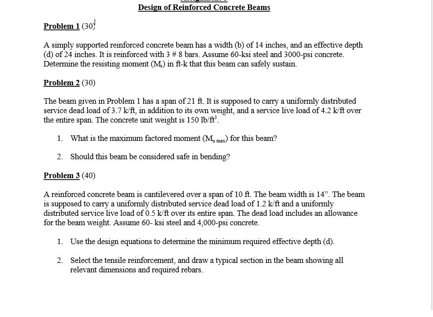 Solved Design of Reinforced Concrete Beams Problem 1 (30) A | Chegg.com